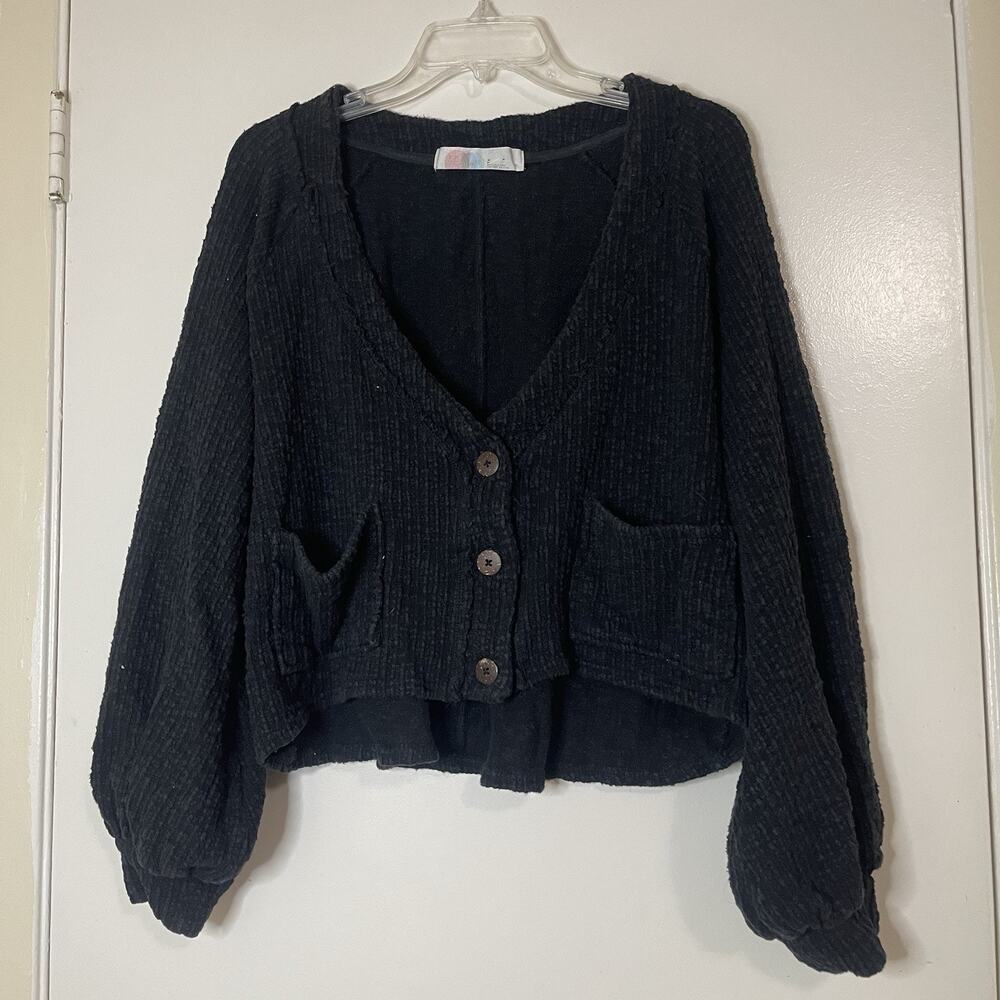Free People FP beach fuzzy black oversized cardigan sweater size small